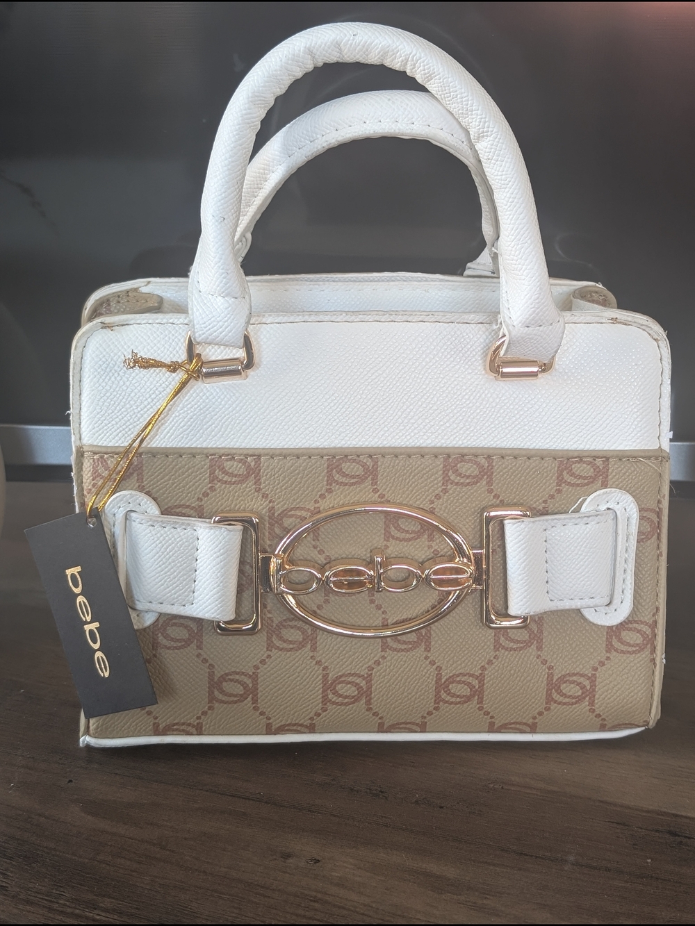 bebe White and Tan Logo-Print Satchel with Gold Accent With Adjustable Crossbody